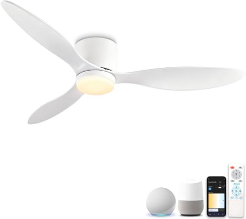 ycwdcz Smart Ceiling Fans with Lights, 42” Low Profile Flush Mount for Bedroom, WiFi Voice Control via Alexa/Google Home, Quiet DC Motor, Dimmable LED 3 Colour Temps, 6 Speeds, Reversible – White