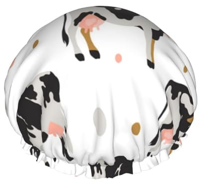 Cuffia da doccia,Cuffia da bagno impermeabile,Cuffia da doccia elastica riutilizzabile,Cuffia da bagno Cuffia da notte,Mucca nera maculata al latte