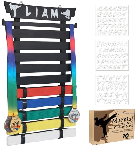 YOLOGoing Taekwondo-Gürteldisplay mit Aufklebern, 10 Gürtel, kein Zusammenbau erforderlich, Karate-Gürtelhalter für Kinder und Erwachsene, Holz, Schwarz