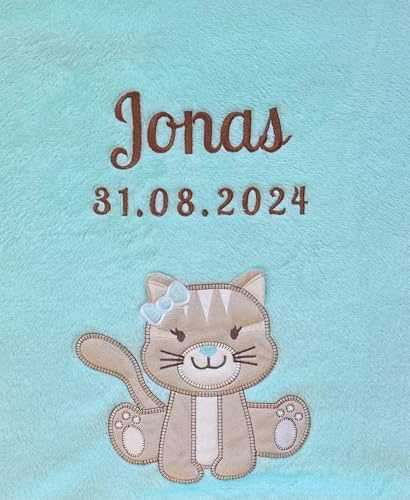 KIDDI-MEDIA Babydecke mit Name und Geburtsdatum Bestickt/kuschelig weich / 1A Qualität (Aqua - Katze)