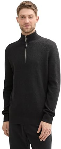 TOM TAILOR Herren Troyer Strickpullover aus Baumwolle, 10617 - Black Grey Melange, M