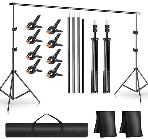 Supporto Fondale Fotografico 2,1 x 3 m, Supporto per Sfondo Fotografico, Kit di Sfondo Regolabile con 8 Morsetti, 2 Sacchi di Sabbia, 1 Borsa per il Trasporto, per Studio Fotografico, Ritratto
