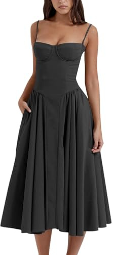 Midelxp - Abito da donna elegante con spalline sottili, corsetto, midi, scollatura bassa, pieghe, abito formale con tasche, XL