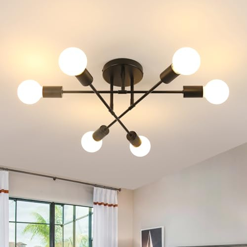 DELIPOP Plafón de Techo Industrial 6 Luces, E27 Vintage Lamparas de Techo Diseño Regulable a 180°, Negro Lamparas Colgante para Salon Dormitorio Comedor Cocina Pasillo
