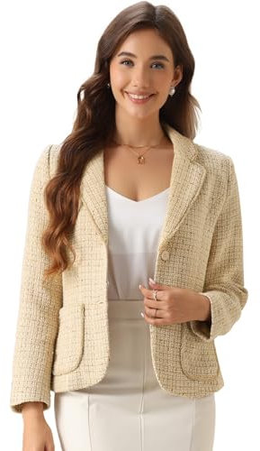 Allegra K Plaid Tweed Jacket for Women's Notch Lapel Button Elegant Long Sleeve Blazer Jackets Apricot L