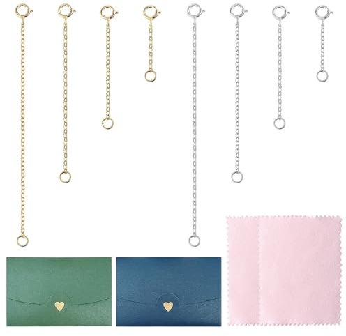 ZBHDEYG 8 Cadenas De Extensión, 2 Sobres Pequeños, 2 Paños De Limpieza, Cadenas De Extensión Ajustables, Cadenas De Cola De Joyería, Pulseras De Bricolaje, Accesorios De Joyería