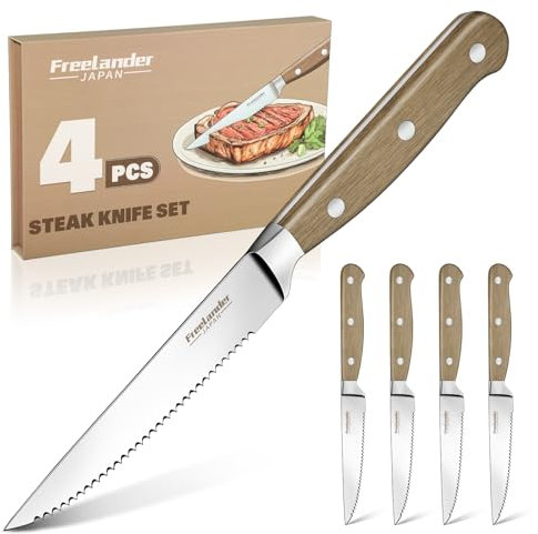 Freelander Juego Cuchillo de Carne 4 piezas, Cuchillos de Mesa con Sierra con Filo Dentado y Mango de Madera Ergonómico, Cuchillos de Bistec Afilados para Cortar Bistec y Carne