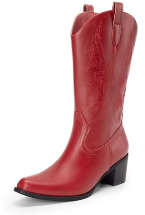 DREAM PAIRS Stivali Cowboy e Cowgirl per Donna Stivali Western Ricamati a Mezza Polpaccio con Tacco Basso Chunky per Feste a Tema e Concerti Country,Size 43,Rosso-Pu,DWUMMB2502