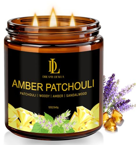 Amber Patchouli Scented Candle, 12oz 60 Hour Long Lasting Candles, Large 3 Wick Natural Soy Candles for Home Scented, Candle Gifts for Women Men