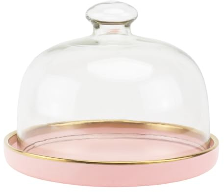 Veemoon Soporte para tartas con plato de cerámica rosa y campana de cristal, 20 cm de diámetro, elegante campana para tartas a prueba de polvo, cupcakes y postres para el hogar