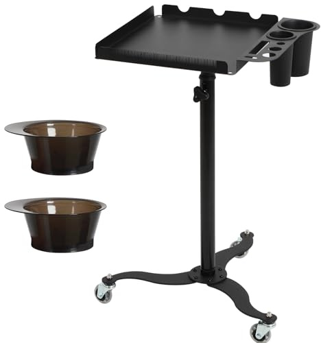 Salon Tray Cart with Storage Platform, 2 Magnetic Bowls Tattoo Tray with Wheels Trolley, Adjustable Height Salon Tray Equipment, Hairstylist Holder and Hair Separator Stand for Salon & Spa Use, Black