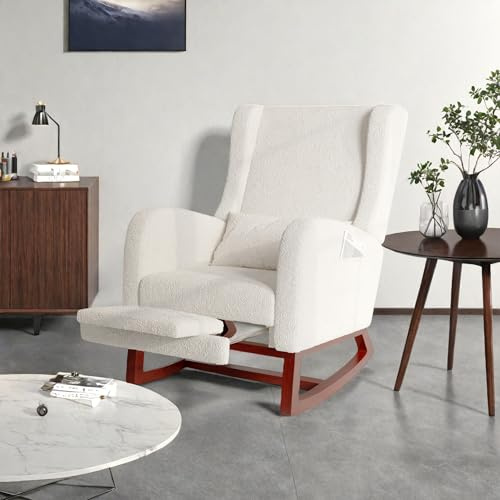 Fauteuil a Bascule, Fauteuil d'allaitement en Velours avec Repose-Pieds, Coussin Lombaire et Poche Latérale, Chaise Allaitement Chambre Bebe Rocking Chair Bois Interieur pour Salon, Chambre à Coucher