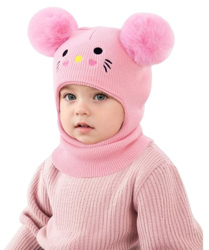 3-in-1-Schal Mütze Ohrenschützer Winter Strickmütze Kindermütz Schlupfmütze Kinder Baby Wintermütze Strickmütze Kapuze Weiche Schalmütze mit Doppelt mit Bommel Pom Pom Jungen Mädchen 1-8 Jahre