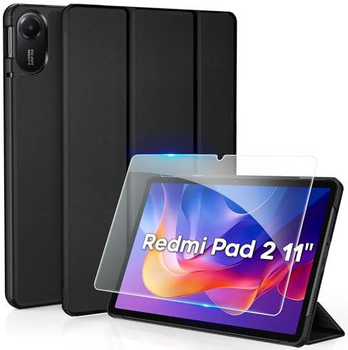 CACOE Funda para Xiaomi Redmi Pad 2 de 11 pulgadas con protector de pantalla - Ultra fina con función atril Slim PU Cuero Smart Case Negro