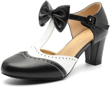 Rjclyh Women's Mary Jane Heels T-Strap Chunky Pumps with Cute Bowknot Cutout, Retro 1950s Kawaii Lolita Cosplay Party Wedding Dress Shoes Black & White US 8.5