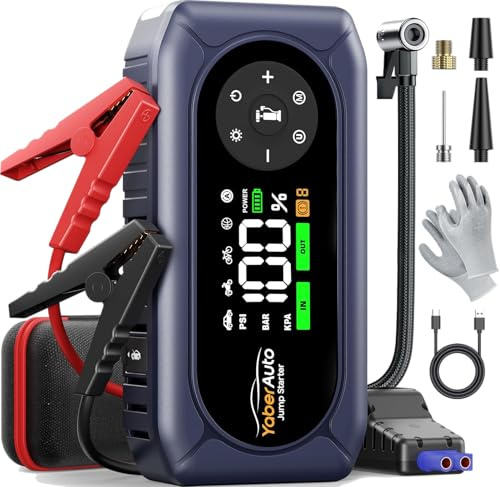 9-in-1 Jump Starter Power Pack with Air Compressor 150PSI, YaberAuto 4500A Car Battery Booster Jump Starter for 9L Gas/8L Diesel, Car Starter Power Bank with Jump leads, Insulated Gloves, 500 Lumens