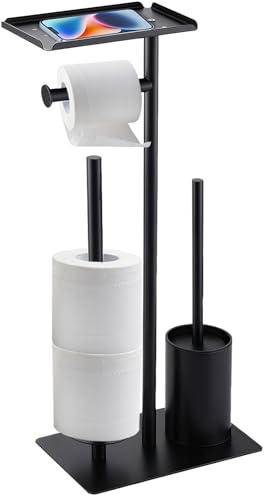 Piantana Portarotolo e Scopino, Acciaio Inox Portarotolo Carta Igienica con Spazzolino WC, Porta Rotoli Cartaigienica Bagno, in Piedi, Nero