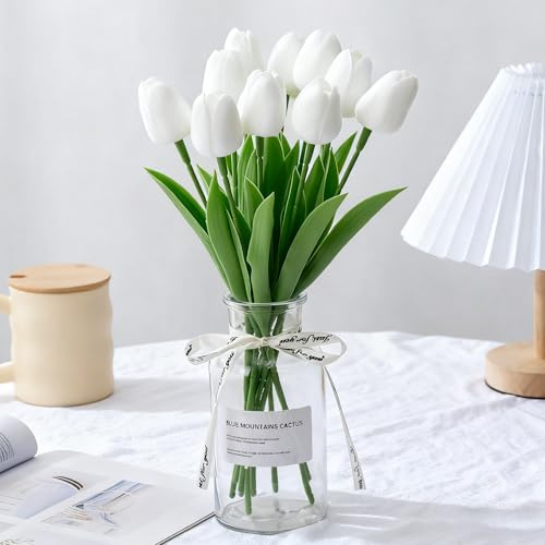 Probuk Set di 10 Tulipani Artificiali Bianchi in Mazzo - Simbolo di Amore Puro ed Eleganza, Decorazione Floreale per Matrimonio, Ufficio, Tavolo & Casa