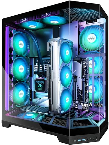 MUSETEX Torre Media ATX para PC Gaming, con Montaje Vertical para GPU, 5 Ventiladores ARGB PWM Preinstalados, Soporte para Radiador de 360 mm, Panel de Vidrio Templado de 270° y Type-C, Negro (GR3)