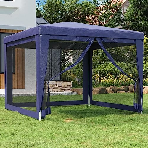 Nqyjm Trädgårdspaviljong utomhus festtält med 4 sidoväggar i blått nät 3 x 3 m HDPE paviljong tält tält för bröllop, camping, kommersiella evenemang