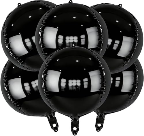 Metalliska svarta runda folieballonger, 55,9 cm stora 4D-bollar, mylar-ballonger, 6 stycken, för födelsedag, examen, bal, bröllop, årsdag, discofestdekorationer
