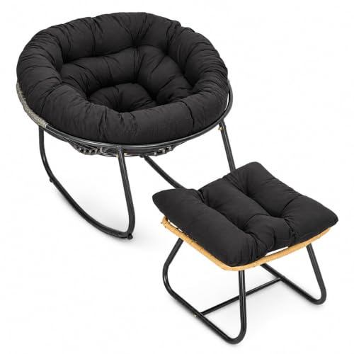 SUNNYNEST Rocking Chair, Rattan Egg Chair with Cushion Black | Rattan Wicker Egg Chair with Sturdy Metal Frame, Designed for Comfortable Outdoor Seating on Patios, Balconies and Garden
