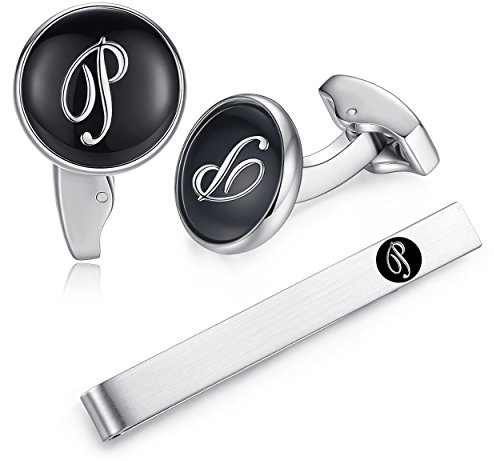 Honey Bear Carta Inicial Alfabeto Gemelos & Clip Pasador de Corbata Pisacorbatas - Acero Inoxidable para la Camisa de los Hombres Regalo de Boda del Negocio (Negro) (P)