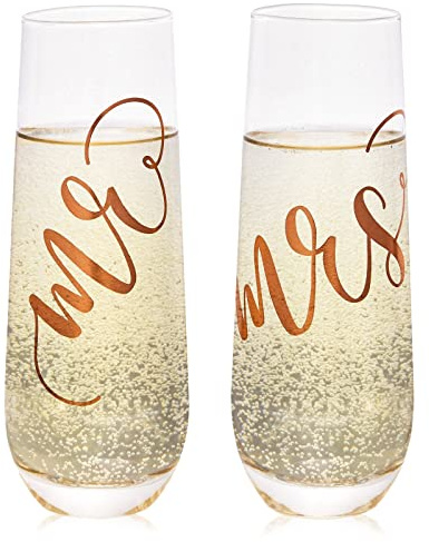 Juvale Mr & Mrs Champagne Flutes Set of 2-10 oz, 6 in, Clear Stemless Glass - Bridal Shower & Wedding Registry Gifts - Engagement Gift & Bride & Groom Glasses
