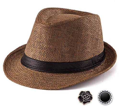 LADYBRO Sommer Stroh Trilby Hut ‌für Herren 1920er Kurze Krempe Fedora Hut, 58cm, Kaffee