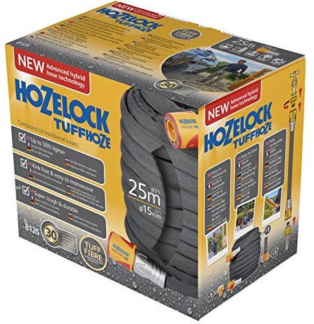 HOZELOCK - Hybrid Watering Hose Tuffhoze 25 m : Extremely Flexible, Tuff-Fibre Woven Technology, Suitable for High-pressure Cleaners (40 bar), Durable hose: Ready to Use [8125 8000] Grey