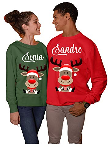 fashwork Coppia Felpe Girocollo Natale Natalizie Lui e lei Personalizzabile - PERSONALIZZA con Il Tuo Nome - Renna - Rudolph - Idea Regalo Natale