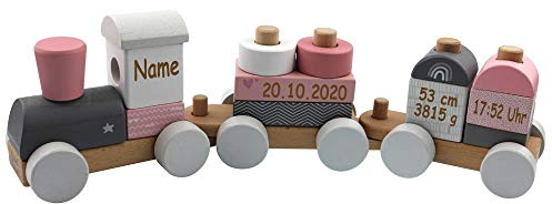 Holzzug Holz Eisenbahn rosa personalisierbar mit Name und Geburtsdaten Baby Geschenk mit Gravur