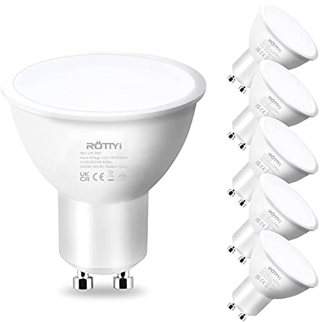 ROTTYI GU10 LED Light Bulbs 6Pack,6500K Daylight White, 5W 450LM Energy Saving Light Bulb,50W Halogen Bulb Equivalent,100° Beam Angle,with The Frosted Glass Diffuser,Spotlight Lamp
