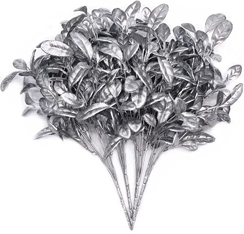 Christmas Artificial Plants Decoration Silver Flowers 4 Pcs, Plastic Plant Fake Silvery Shrubs Simulation Leaves Indoor Outdoor Home Garden Planter Filler Party Verandah Wedding UV Resistant DIY Décor