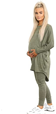 Dam 2-delad träningsoverall set för gravida hög låg topp och underdel för moderskap vardaglig myskläder sweatshirt dam dragsko pyjamasset nattkläder, Khaki, S/M