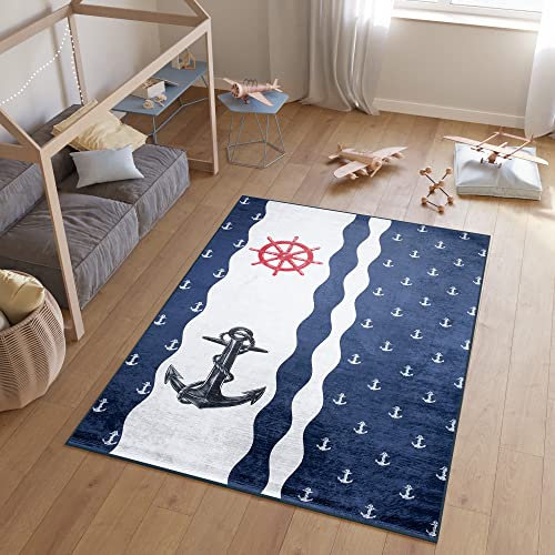 TAPISO Emma Teppich Waschbar bei 30 Grad Dunkelblau Weiß Anker Marineteppich bedruckter Kinderteppich Antirutsch Kinderzimmer Jugendzimmer Modern ÖKO-TEX 80 x 150 cm