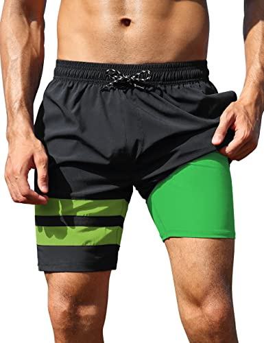 Nonwe Men's Bathing Suit with Compression Liner Summer Water Sports Beach Shorts 7 Inch Inseam Black 30