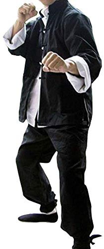 Rubruan Kung Fu Ensemble d'uniformes – Arts martiaux chinois classiques Tai Chi Wushu Wushu Wing Chun Bruce Lee Costume 3 pièces pour homme et femme Vêtements Coton Tang Costume – Noir, Noir , XL