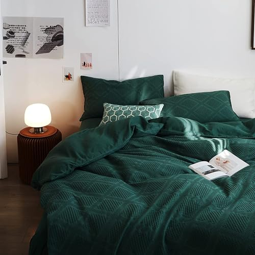 Lanqinglv Bettwäsche 135x200cm Grün Dunkelgrün Waffeloptik Waffle Handstricken Stickerei Geometrisch Muster Wendebettwäsche Set aus Mikrofaser,Bettbezugg und 1 Kissenbezug 80x80cm mit Reißverschluss
