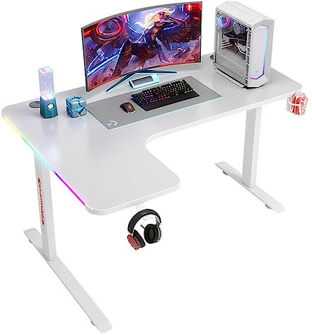 PACUM Bestier L Shaped Gaming Desk Computer Desk,Home Office Desk Table Gamer Workstation,PC Gaming Desk with Cup Holder/Headphone Hook,White-L 160CM vision