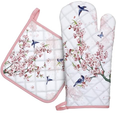 Arquiel Gants De Four & Maniques Lot De 2, 100% Coton Maniques Cuisine Gant Four Anti Chaleur Extra-Longue pour Barbecue, Cuisine, Griller, Micro-Ondes(Oiseau de Branche de Fleur Rose)