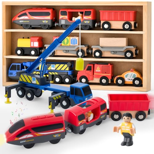 Atoylink Batterie Lokomotive Eisenbahn Zug Spielzeug Holzzug Magnetische Train Kran Feuerwehrauto Taxi Fahrzeuge Baby Kleinkind Spielzeug Ton Licht Lok Geschenk für Jungen Mädchen 3 4 5 6 7 8 Jahren