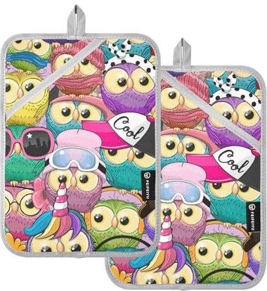 KLL Pot Holders for Kitchen, 2 Pack Heat Resistant Potholders for Kitchens with Pockets Hot Pot Holder Oven Mitts, 9.8x7 Colorful Animal Cute Owls
