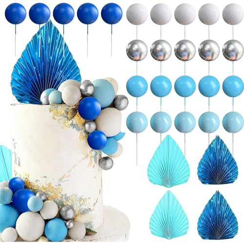 29 Pcs Blue Cake Decorations - Foam Ball Cake Toppers, Cake Toppers for Women, Blue Cake Balls for Baby Shower Wedding Anniversary Birthday Party Supplies Decorations