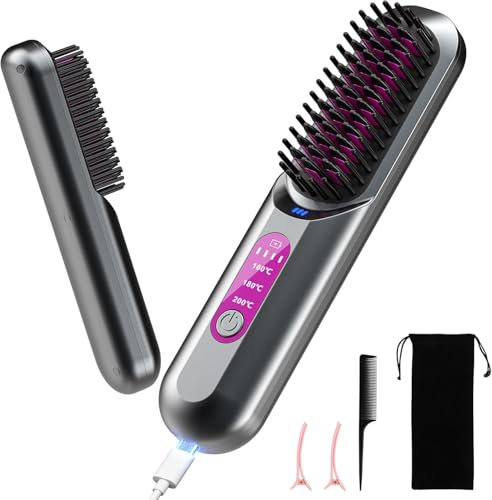 Haarglätter Bürste, Tragbare Kabellose Glättbürste für Reisen, Mini Glättungsbürste wiederaufladbarer, Negative Ionen Hair Straightener Brush Thermobürste, Bartglätter für männer, 5000mAh, Grau