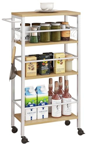 IBUYKE Carrello Portaoggetti Slim,Carrello in metallo a 4 Ripiani,Carrello Cucina Salvaspazio con Ruote,Carrello da Cucina multiuso per Cucina, Bagno, Lavanderia,Studio,Naturale TMJ065R