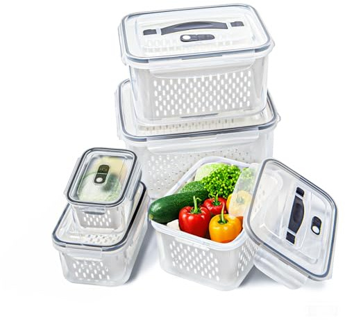 Sixfolo Set di Contenitori per Frigorifero Frutta e Verdura 5 Pezzi Contenitore per Alimenti Freschi con Cesti di Scarico Contenitori Plastica per Alimenti da Frigo per Verdura Frutta Insalata