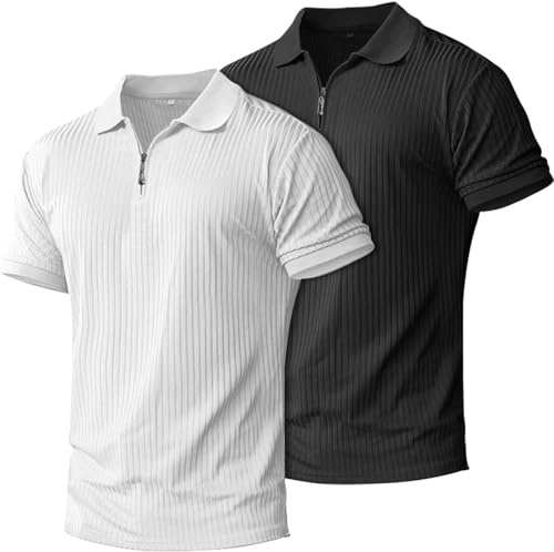 Herren-Poloshirts mit Reißverschluss, kurzärmelig, schmale Passform, Muskelshirts für Herren, trockene Passform, lässig, stilvoll, 2 Stück, Weiß + Schwarz, Klein