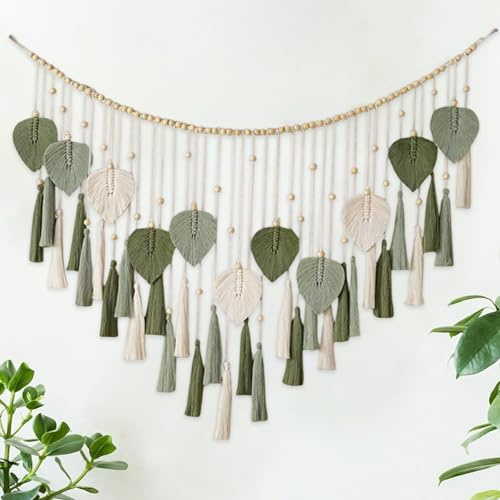 inodiref Grande arazzo da parete in macramè, realizzato a mano, con nappe, con perle di legno, beige, foglie verdi, boho, decorazione da parete per camera da letto, soggiorno e cameretta dei bambini