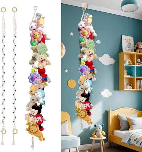 80 Cotton Hanging Storage Chain For Stuffed Animals Storage with 20 Metal Clips Stuffed Animal Display Holder Chain for Wall or Corner Nursery Play Room(2pcs)